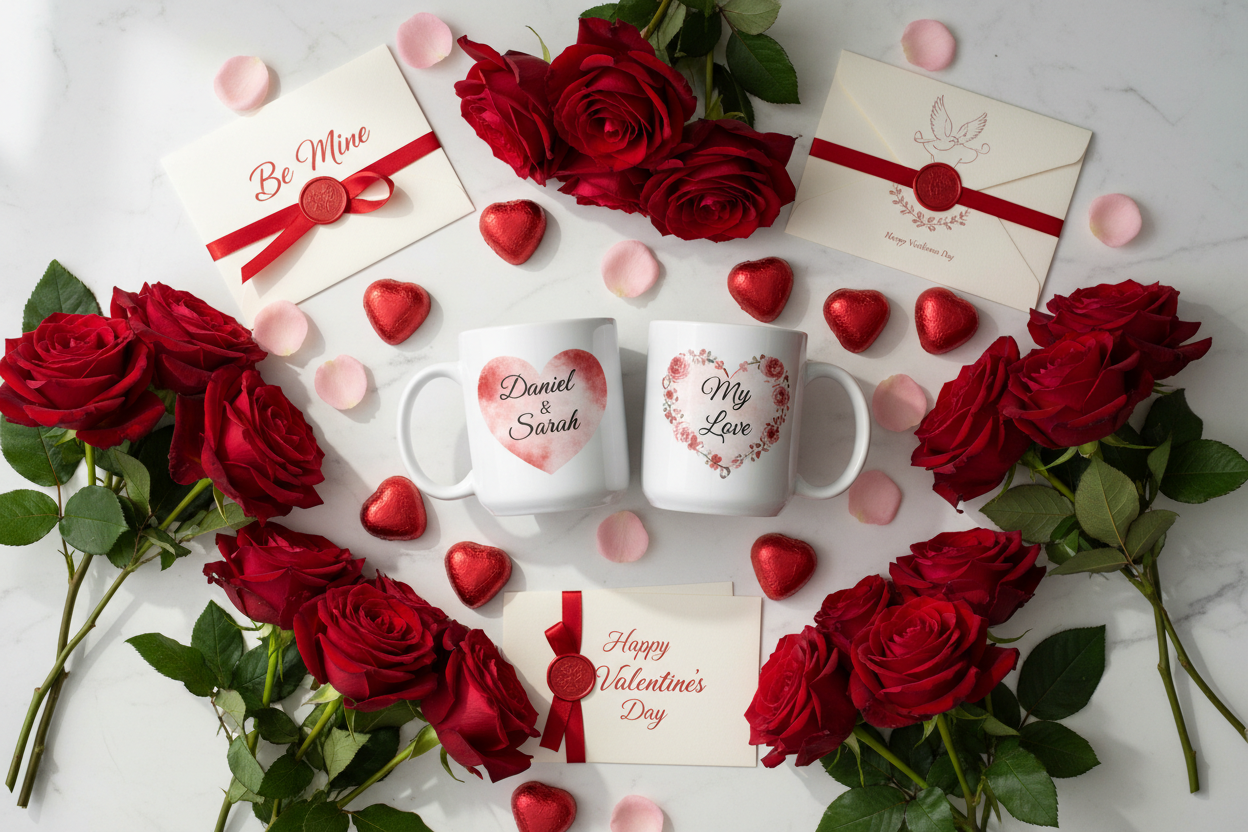 Valentijnsdag flat lay met mokken